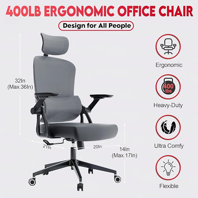 Ergonomic Office Chair - 400LB Comfy Desk Chairs with Adjustable Headrest and Lumbar Back Support, Mesh Computer Chairs with Wheels and Arms for Home Office, Study