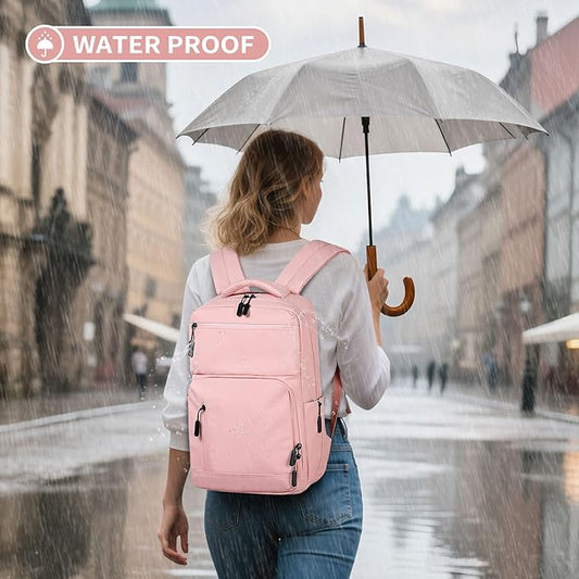 Waterproof Laptop Backpack for Men & Women, Flight Approved Anti-Theft Daypack with 15.6-inch Laptop Sleeve (Pink)