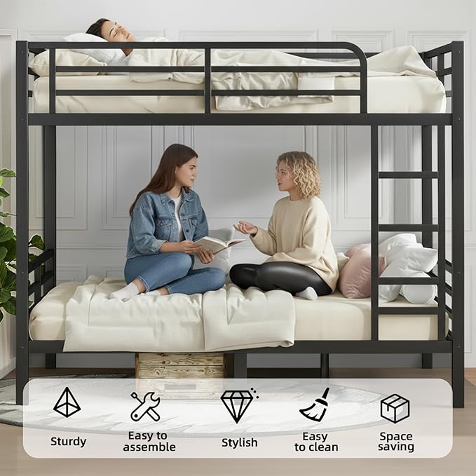 Full Over Full Bunk Bed, Metal Bunk Bed Frame Heavy Duty Bunk Beds Loft Bed Frame with Ladder and Guardrail Metal Slats No Box Spring Required for Adults Teens, Black