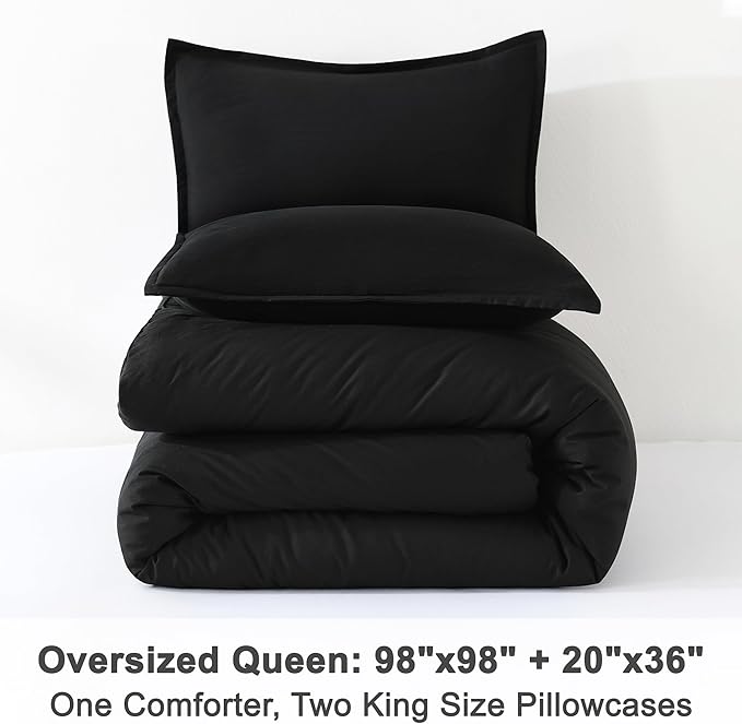 Litanika Comforter Set, Lightweight Solid Bedding Comforter Set, Fluffy Down Alternative Bed Set, Black, Oversized Queen