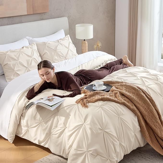 Andency Beige Comforter King (104x90Inch), 3 Pieces Pinch Pleat Lightweight Soft Comforter Set, All Season Pintuck Microfiber Bedding Set