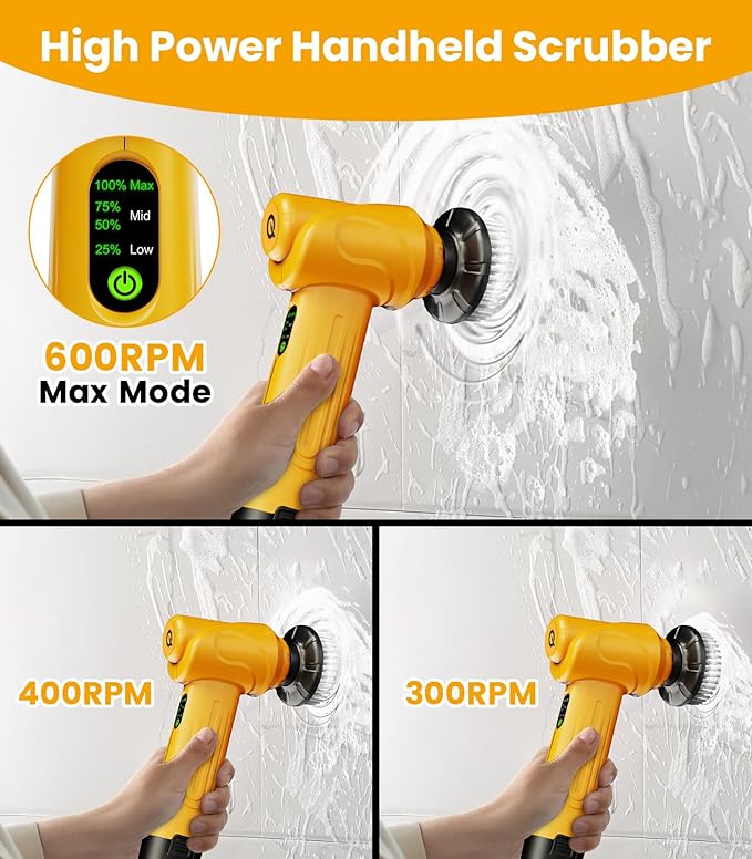 qimedo 5000mAh Battery Electric Spin Scrubber Q4, Handheld Scrubber for Cleaning with Display, Power Dish Scrubber with 5 Heads, Shower Cordless Cleaning Brush Gifts for Mom