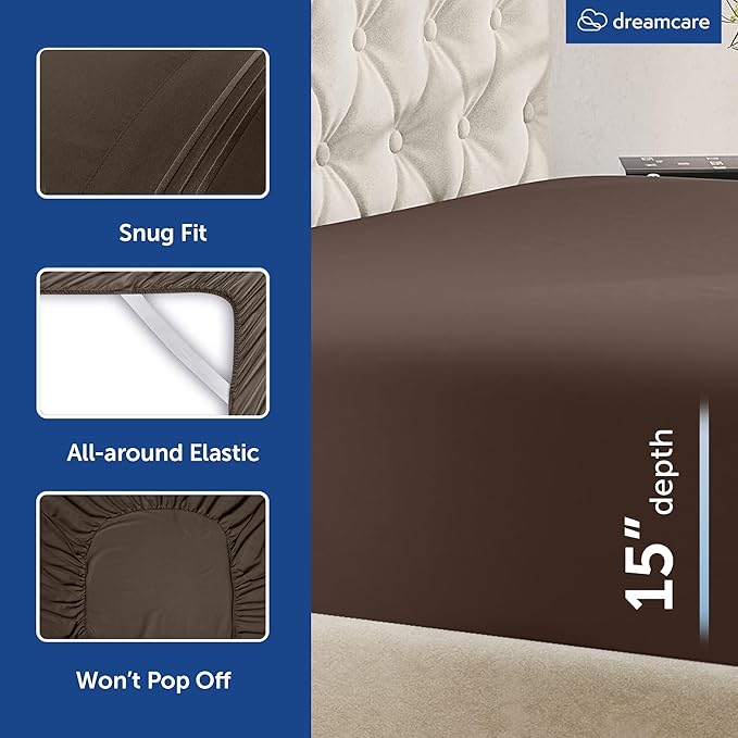 DREAMCARE King Size Sheets Set - Cooling Bed Sheets - 4pcs Set - up to 15" Deep Pocket King Sheet Set – Soft & Long Lasting Cooling - 100% Fine Brushed Microfiber with Side Pocket - Mocha Brown DREAMCARE