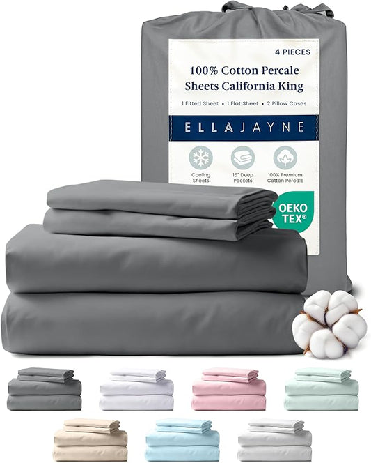 Ella Jayne Cotton Percale Sheets California King (4 Pieces) Permium 100% Cotton Percale TC300, Hotel Luxury Collection, Deep Pockets and Cooling California King Percale Sheets (Charcoal)