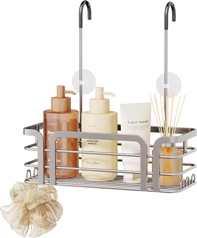 SWTYMIKI Shower Caddy Hanging Organizer - Over the Door Shower Caddy with 6 Hooks, 2 Installation Ways, Stainless Steel Rustproof Bathroom Organizer, Sand Nickel