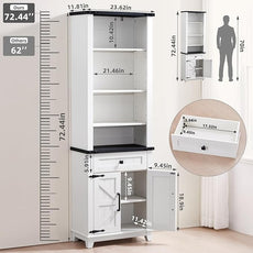 72in Tall Bookshelf 7 Tier Bookcase with Drawer and Barn Doors and Adjustable Shelves, White Farmhouse Book Shelf with Storage Cabinet, Wood Freestanding Display Bookshelves for Kitchen (4PCS)