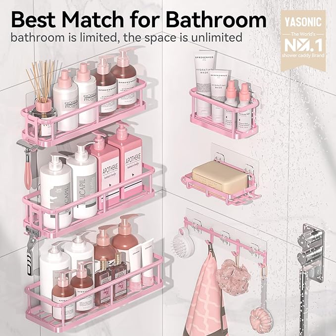 YASONIC Shower Caddy, 6 Pack Large Capacity Bath Organizer with Soap Holder and 12 Hooks, Rustproof Shower Shelves for Inside Shower, No Drilling&Sleek Bathroom Organizers and Storage Pink
