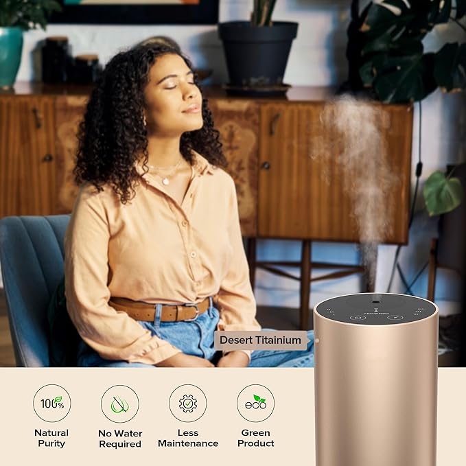 Airversa Waterless Essential Oil Diffuser Starter Kit with 30mL Sandal Lux Fragrance Oil for Car Home Office,Premium Aluminum Housing, Aroma Nebulizer Baterry Operated, ADX Kit Desert Titanium