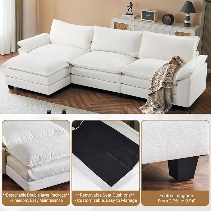 VINGLI 122" Cloud Double-Layer Deep Convertible Sectional Sofa, Comfy L-Shape 3-Seat Couches for Living Room, Modern Couch with Movable Ottoman for Small Space, White/Cream Chenille