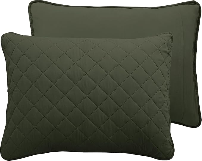 Easy-Going Full/Queen Size Reversible Quilt Set with 1 Quilt and 2 Pillow Shams, Soft Bed Quilt Cover, Water Resistant Lightweight Microfiber Bedspread, Stain Resistant, Army Green/Beige