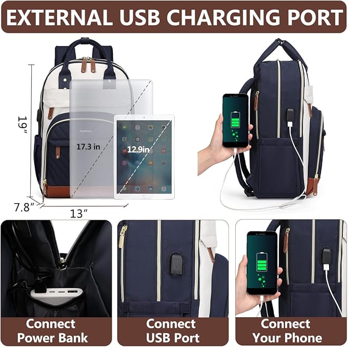 Laptop Backpack for Women Work Bookbag: 17.3 Inch College Backpacks with USB Charger School Book Bag Waterproof Travel Computer Back Pack Anti-Theft Casual Bookbags for Girls Teacher Nurse Navy Blue