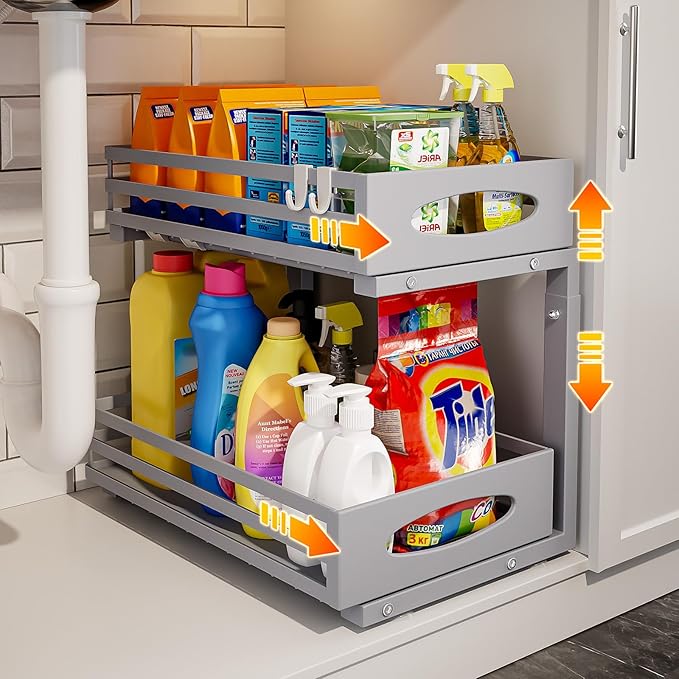 Under Sink Organizer, 2 Tier Under Sink Organizers and Storage, Adjustable Height, Slide Out Metal Cabinet Organizers, Pull Out Cabinet Storage Drawer Shelf for Kitchen Bathroom