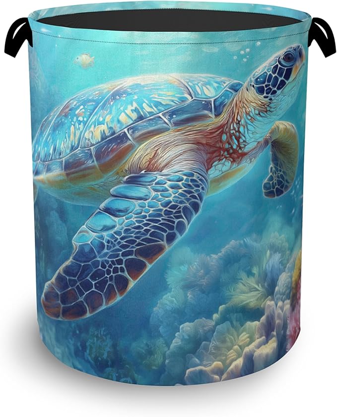 SeaTurtle Ocean Laundry Hamper,Coral Dirty Clothes Laundry Basket with Handles Waterproof Oxford Cloth Storage Basket for College Dorms Bathroom Bedroom 16" x 20.8"