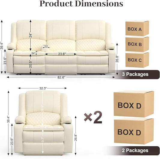 3 Seater Recliner Sofa Set with 2-Tier Cushion, 3+1+1 Pieces in Living Room, 3 Seater Reclining Couch Leather with Removable Console, 2 Oversize Recliner Chair Sofa Seat