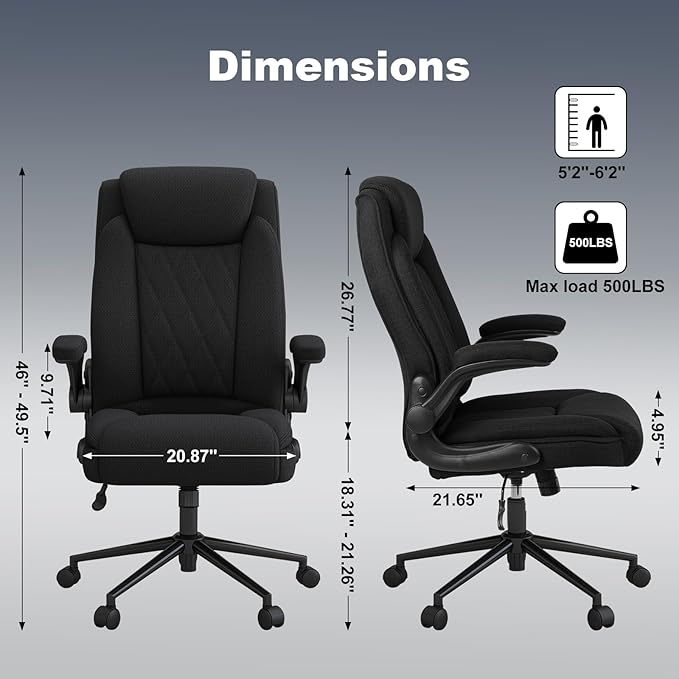 ralex-chair 2 Pack Big and Tall Office Chair -500 lb Heavy Duty Office Chair for Big Man, Fabric High Back Executive Office Desk Chair with 120° Tilt Rock,Computer Desk Chair with flip up arm - Black