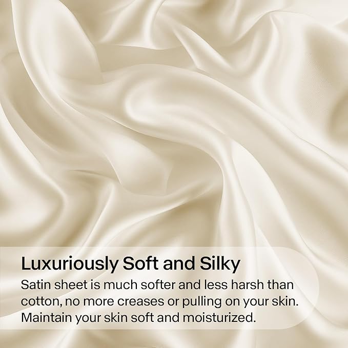 BEDELITE Satin Sheets Twin Size Bed Set, Luxury Soft Beige Silky Sheets for Hair and Skin, Similar to Silk Bed Sheets Set 3 Pieces with 1 Deep Pocket Fitted Sheet, 1 Flat Sheet, and 1 Pillowcase