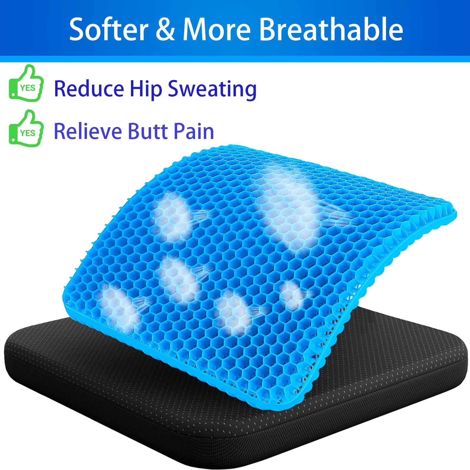 Gel Seat Cushion for Long Sitting (Large & Thick), Soft & Breathable, Gel Cushion for Wheelchair, Gel Chair Cushion for Hip Pain, Gel Seat Cushion for Office Chair (Black Cover) Dormly