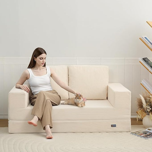 COMAX Convertible Sofa Bed Queen, Folding Fold Out Couch Bed, Floor Futon Couch Corduroy Sleeper Mattress with Back Pillows, Boneless Sofa Comfy Lounge Loveseat for Living Room Bedroom, Beige