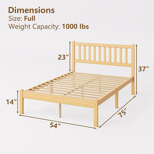 14 in High Solid Bamboo Wood Full Bed Frame with Headboard, Platform Full Size Bed Frame, Heavy Duty, No Box Spring Needed, Nosie Free