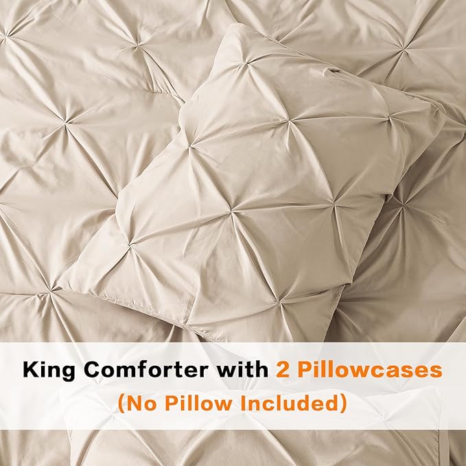 Andency Khaki Pinch Pleated Comforter Set King (104x90Inch), 3 Pieces Pintuck Microfiber Down Alternative Beddding Set(1 Pintuck Comforter, 2 Pillowcases)