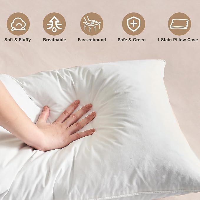 BHZ Beige Satin Goose Down Feather Pillows Queen Size with Pillowcase for Hair and Skin, Cooling Pillow Cases Similar to Silk Pillow Cases, Decorative for Women, Mom Men