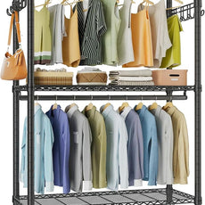 VIPEK R2 Plus Heavy Duty Rolling Garment Rack 3 Tiers Adjustable Wire Shelving Clothes Rack with Double Rods and Side Hooks, Freestanding Wardrobe Storage Rack Metal Clothing Rack, Black