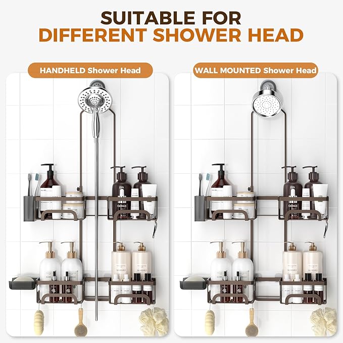 REINHARDT Shower Caddy Hanging for Handheld Showerheads Adjustable Split Shower Caddy, Rustproof Shower Organizer with Hooks for Razor Over the Head Caddy with Soap Holder Bathroom Accessories, Bronze