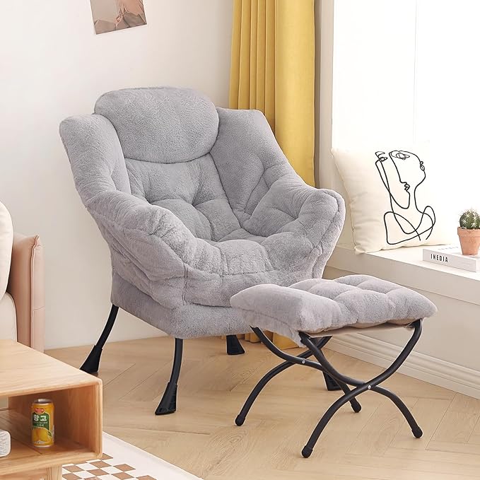 Tiita Lazy Chair with Ottoman, Modern Large Accent Lounge Armchair, Comfy Leisure Sofa Reading Chair with Footrest for Bedroom, Living Room, Dorm Rooms, Garden and Courtyard, Plush Light Grey