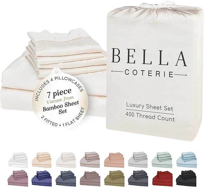 Bella Coterie 7 Piece Luxury Bamboo Viscose Split King Size Sheet Set | 2 Fitted Sheets for Adjustable Beds | 100% Organically Grown | Cooling for Hot Sleepers | 4 Pillowcases [Ivory] BC