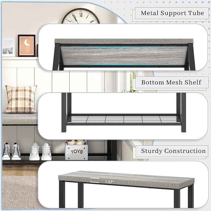FOLUBAN Entryway Bench, Vintage Wood and Metal Storage Bench with Metal Shelf, Indoor Shoe Rack Bench Seat for Living Room, Bedroom, Hallway, Entrance, Light Grey, 47 Inch