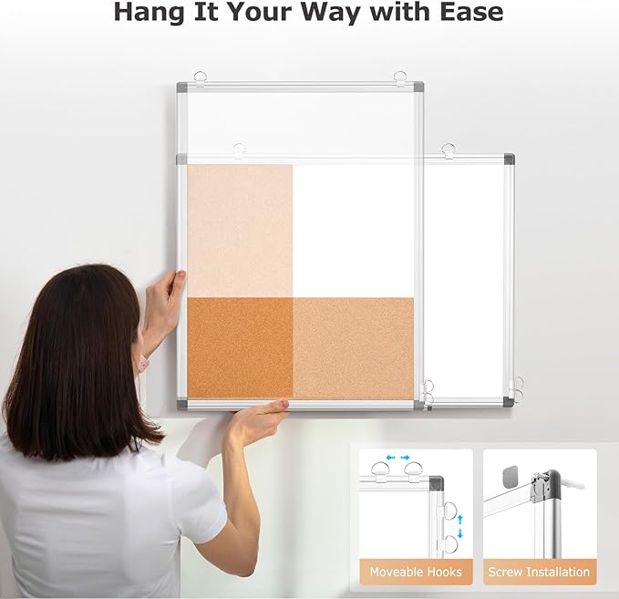 WALGLASS Dry Erase Cork Board Combo, 36"X24" White Bulletin Board for Wall, Magnetic Corkboard Whiteboard Combination, Vision Board for Office, Home, School