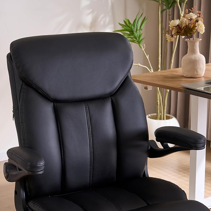 Office Chair, Ergonomic Computer Chair with Flip-up Arms Home Desk Chairs Comfy PU Leather Executive Mid Back Support Adjustable Height Tilt Lock Swivel Rolling Wheels, Black