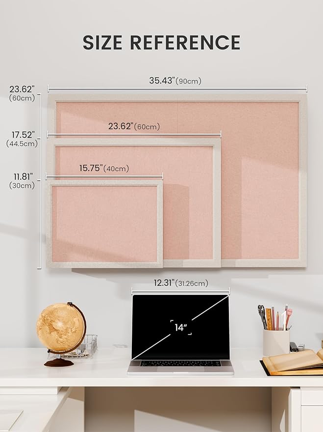 Felt Cork Board Alternative, Felt Bulletin Board 16" x 12" Oatmeal Frame with 8 Adhesive Tabs, Pin Board for Home Office, Classroom, Entryway, Kitchen Wall Decor—Pink