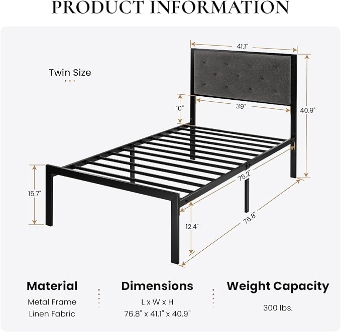 SHA CERLIN Twin Size Metal Platform Bed Frame,Linen Upholstered Button Tufted Headboard, Mattress Foundation with 12.4” Under-Bed Storage, Noise-Free, Easy Assembly, No Box Spring Needed, Dark Grey