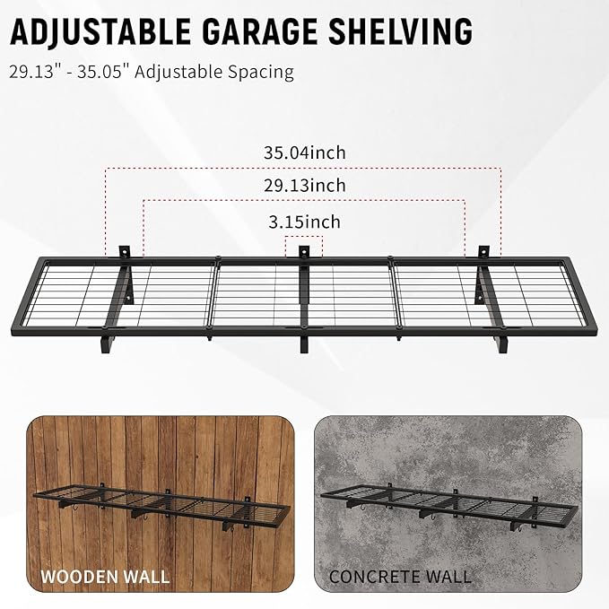 Garage Wall Shelves, 46"X12.5" Garage Shelving Wall Mounted, Heavy Duty Shelf Storage Rack with 4 Hooks, Black Organizer Floating Metal Shelf 160 LBS Capacity for Office, Basement, Laundry Room