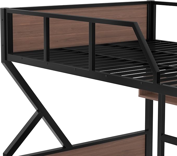 Queen over Queen Bunk Bed with Storage Shelves, Metal Bunk Beds with Ladders and LED Lights, Heavy-duty Bunkbed for Bedrooms, Guest Rooms and Dorms, No Box Spring Needed and Noise-free Design, Black