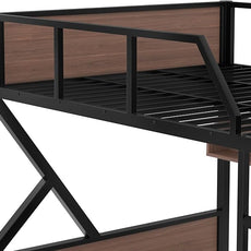 Queen over Queen Bunk Bed with Storage Shelves, Metal Bunk Beds with Ladders and LED Lights, Heavy-duty Bunkbed for Bedrooms, Guest Rooms and Dorms, No Box Spring Needed and Noise-free Design, Black