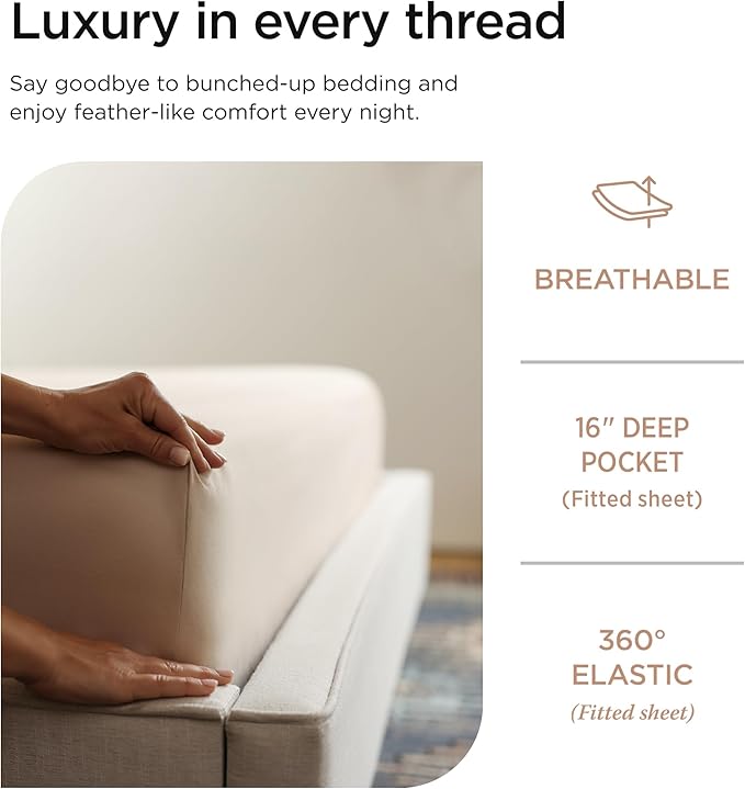 Threadmill 100% Cotton Sheets for King Size Bed - 600 Thread Count King Bed Sheets Set with 16” Deep Pocket - Sateen Weave 4-Piece Bedding Set with Cooling Effect, Beige