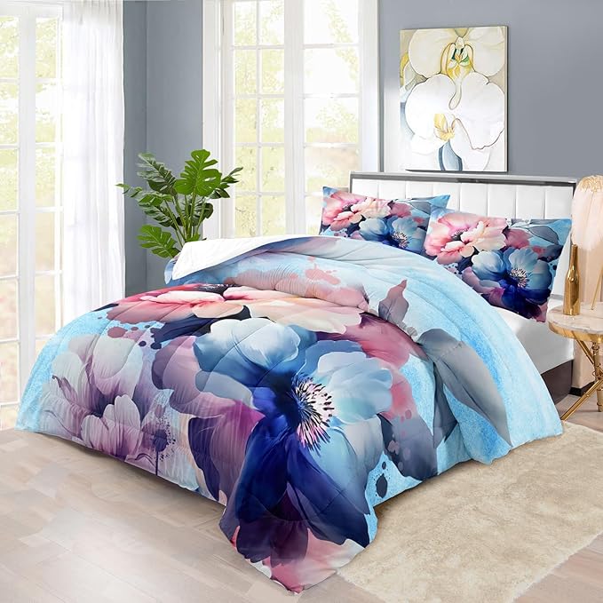 Pink Floral Comforter Set Full Size Girls Blue Flower Comforter Comen Western Boho Bedding Set Full Blue Floral Bedding Boho Bedroom Decor Teen Girls