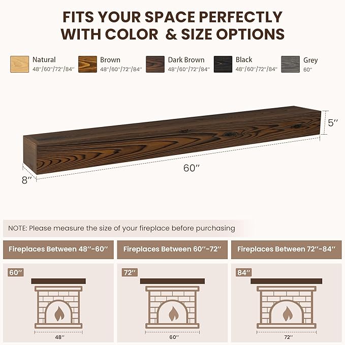 Fireplace Mantel 60inch, Solid Wood Mantel Shelf Handcrafted Rustic, Handcrafted Wood Fireplace Mantels Floating Mantle Shelves Decor for Wall, Bedroom, TV, Books, Livingroom 60 X 8 X 5 - Dark Brown