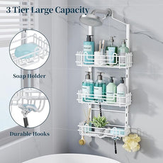 Consumest Shower Caddy Hanging – Rustproof Over Shower Head Hanger with Soap Holder and Hooks, Anti-Slip Shower Shelves for Storage, Bathroom Organizer for Apartment, Dorm, White