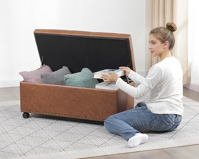 Joveco Storage Ottoman Bench 35" Faux-Leather Rectangular Tufted Ottomans Storage Room Organizer with Wheels(Ochre Yellow)