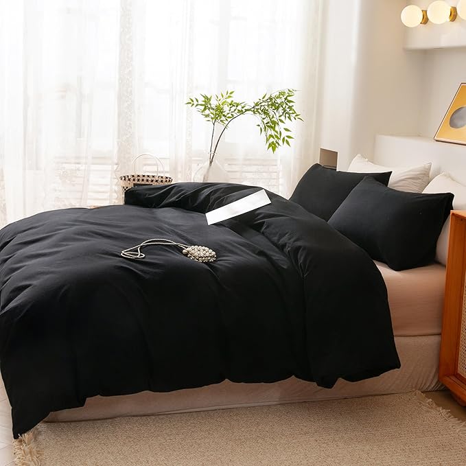 ECOCOTT 3 Pieces Duvet Cover King Size 100% Washed Cotton 1 Duvet Cover with Zipper and 2 Pillowcases, Ultra Soft and Easy Care Breathable Cozy Simple Style Bedding Set (Black,King)