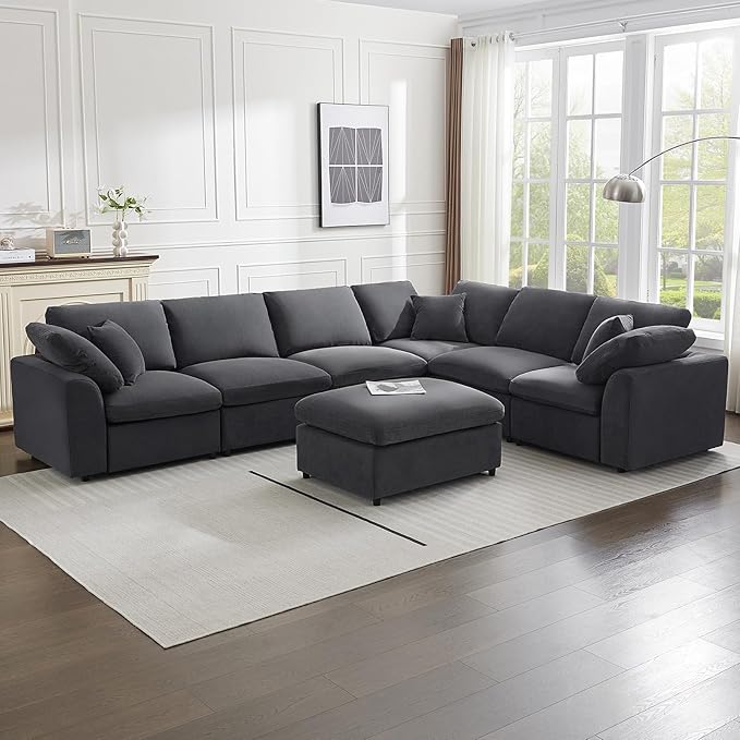 Modular Sectional Sofa Modern Oversized Chenille Cloud Couch with Movable Ottoman 7 Seater L-Shaped Sofas Comfy Couches for Living Room Spacious Space Office Lounge, Dark Grey