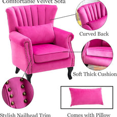 Velvet Accent Chairs Set of 2 with Arm Comfy Living Room Chair Mid-Century Modern Wingback Side Chair Single Sofa Couch for Bedroom Guest Room, Rose Pink