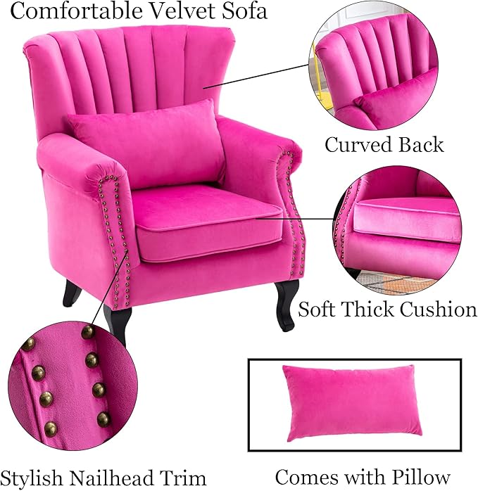 Velvet Accent Chairs Set of 2 with Arm Comfy Living Room Chair Mid-Century Modern Wingback Side Chair Single Sofa Couch for Bedroom Guest Room, Rose Pink