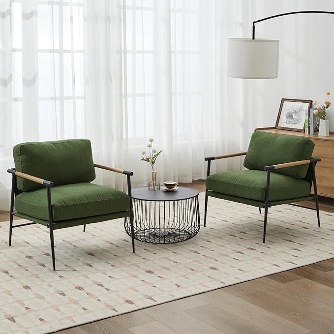 Mid-Century Accent Chair Set of 2, Soft Armchair Linen Fabric Lounge Chair with Black Metal Legs, Upholstered Leisure Chair for Living Room Reception Room, Green