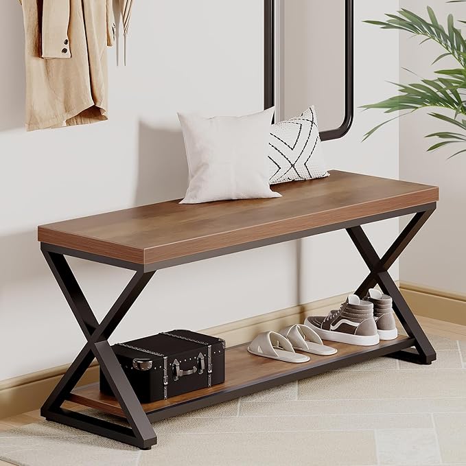 IBF Wood Bench Indoor, Industrial entryway Bench with Shoe Storage for Living Dining Room, Farmhouse Wooden Metal Entry Way Foyer Benches Seat for Bedroom Entryway, Rustic Oak, 39 Inch Long
