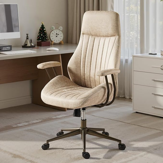 Home Office Desk Chair, Mid-Century Modern Office Chair with Adjustable Lumbar Support, Adjustable Height Executive Task Chair with 360 Rolling Swivel for Meeting Study Room(High Back, Beige)
