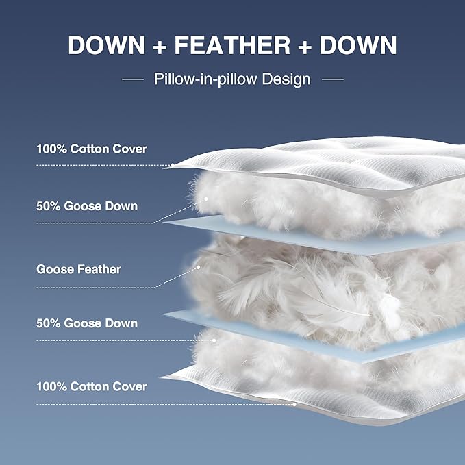 UNIKOME White Goose Down Feather Pillows - 100% Cotton Cover - Queen Size Pillow Set of 2, Made in Japan Pillow for Sleeping